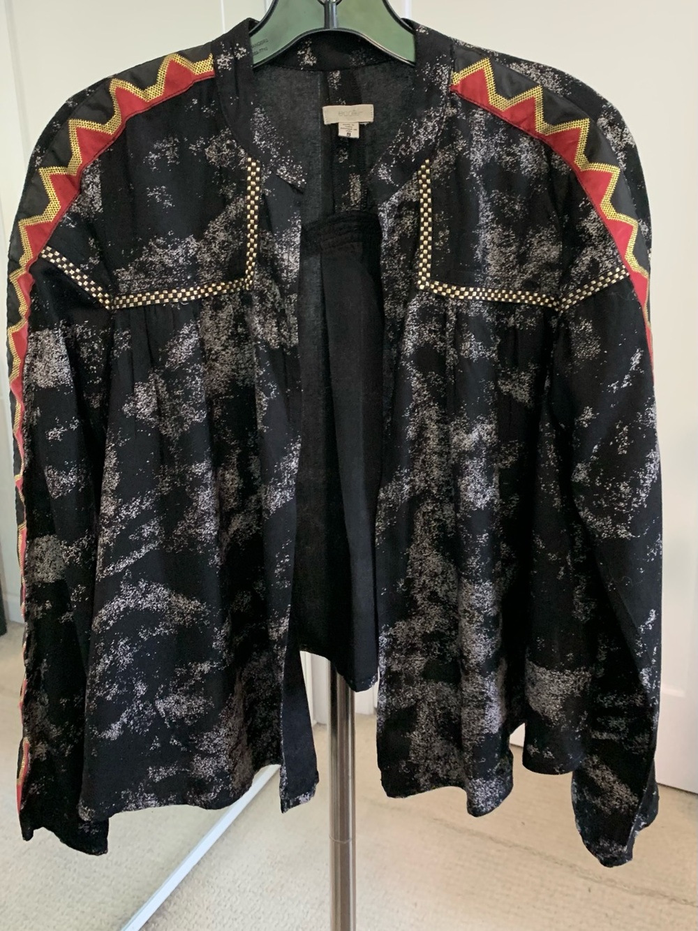 Excite Women’s Black Patterned Open Front Jacket with Red & Gold Trim